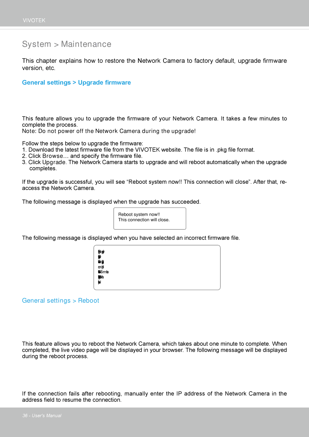 Vivotek FD8162 manual System Maintenance, General settings Upgrade firmware, General settings Reboot 