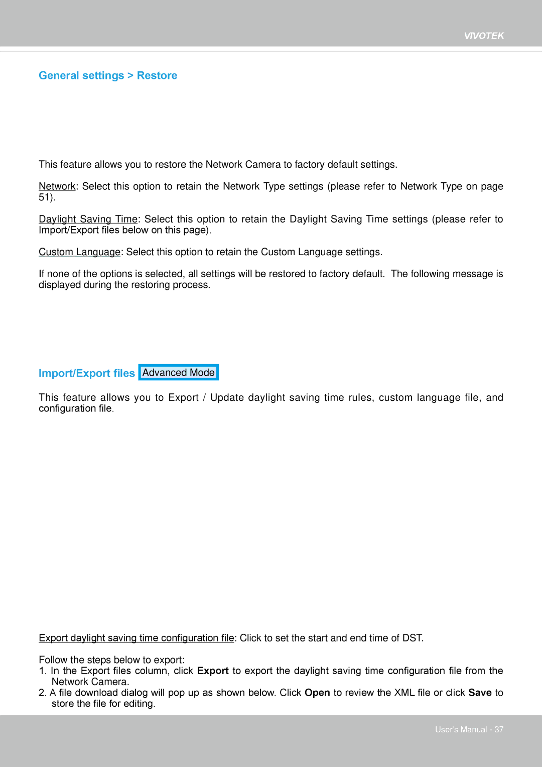 Vivotek FD8162 manual General settings Restore, Import/Export files 
