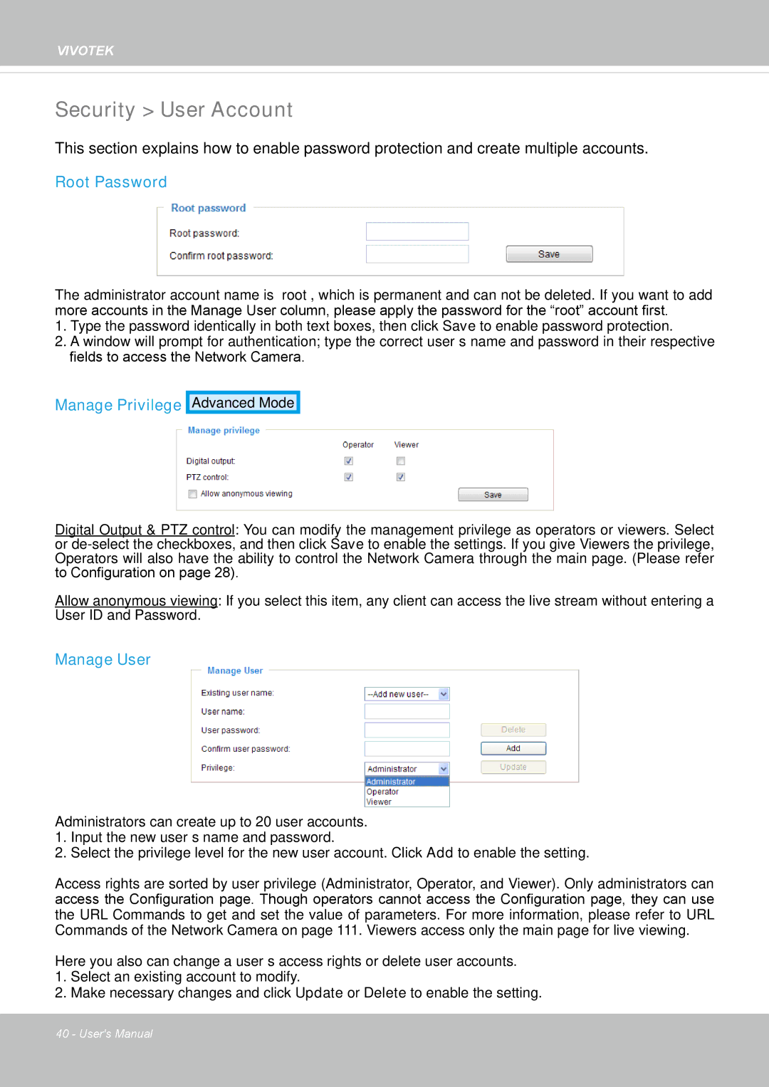 Vivotek FD8162 manual Security User Account, Root Password, Manage Privilege, Manage User 