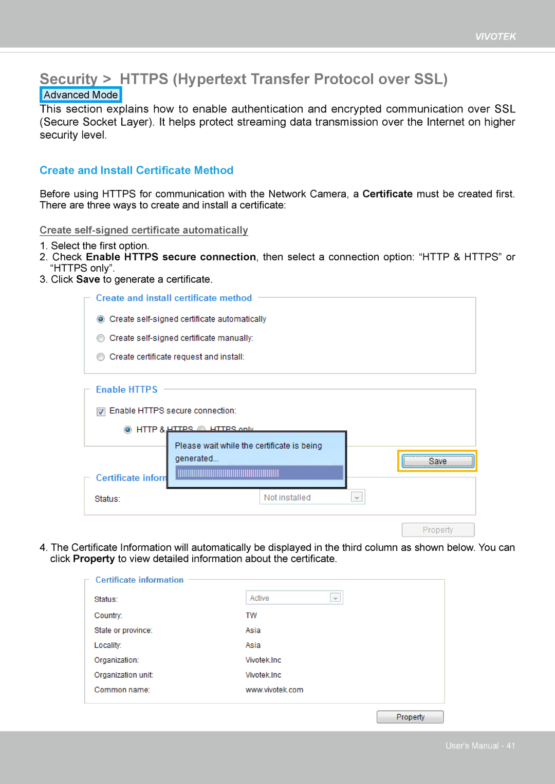 Vivotek FD8162 manual Security Https Hypertext Transfer Protocol over SSL, Create and Install Certificate Method 