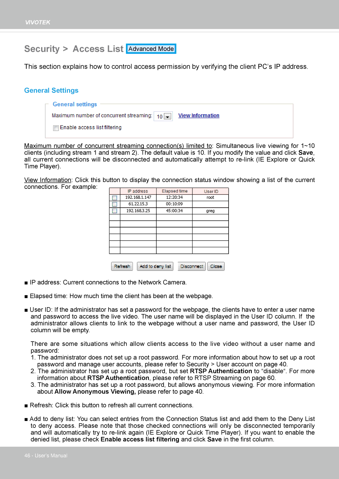 Vivotek FD8162 manual Security Access List, General Settings 