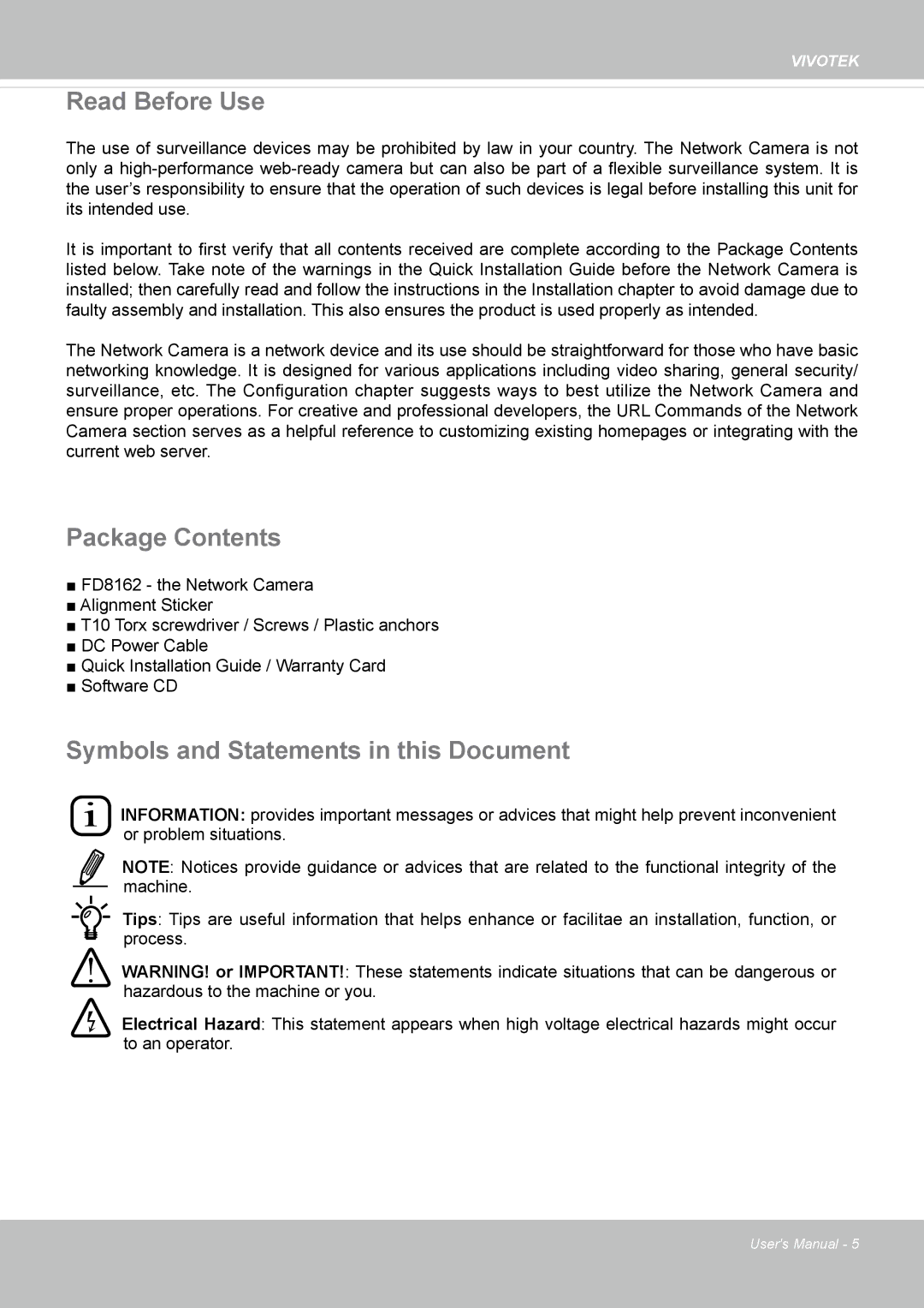 Vivotek FD8162 manual Read Before Use, Package Contents, Symbols and Statements in this Document 