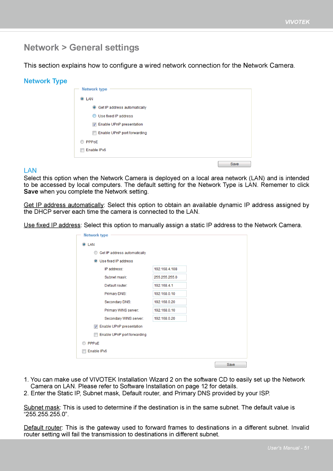 Vivotek FD8162 manual Network General settings, Network Type 