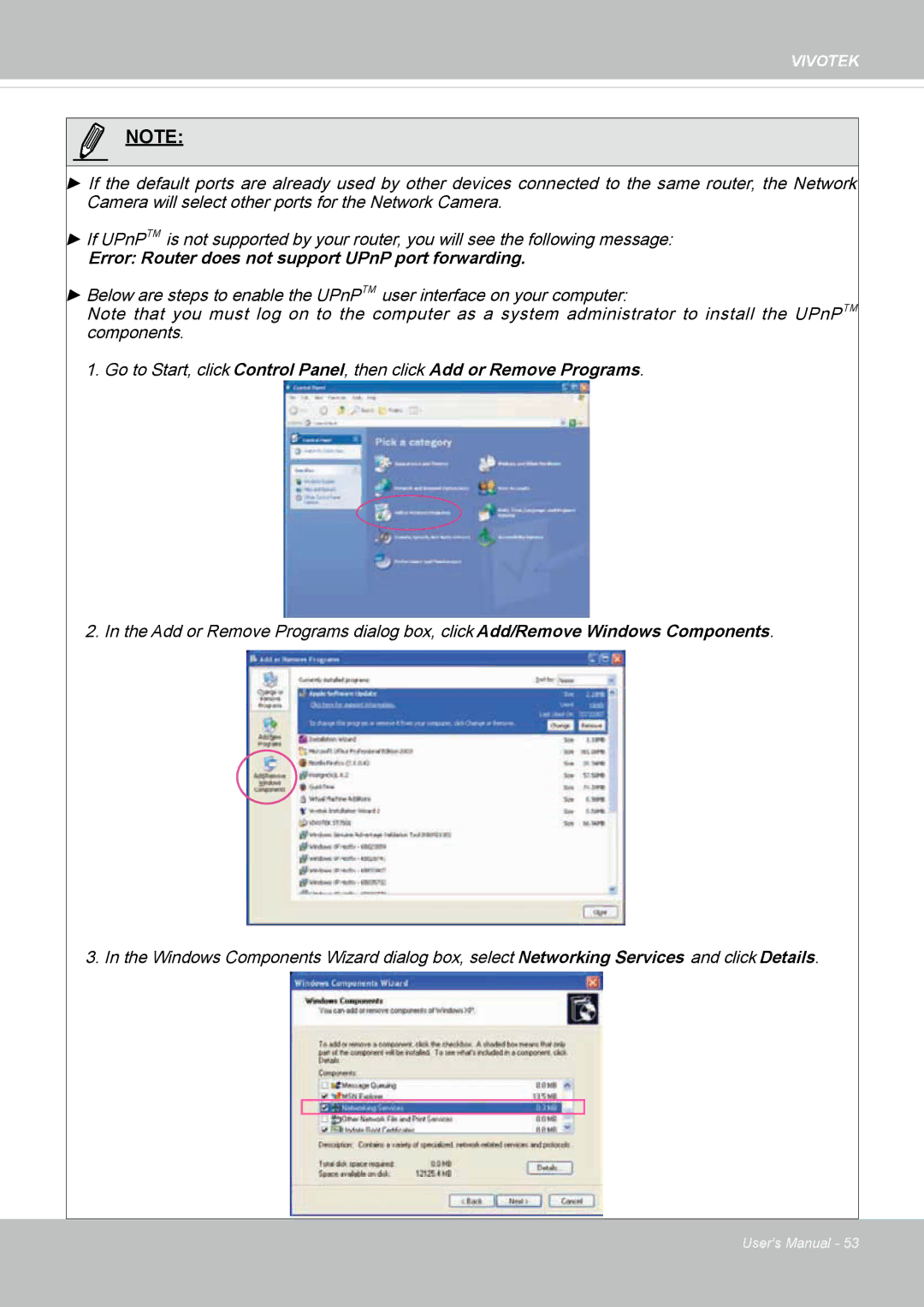 Vivotek FD8162 manual Error Router does not support UPnP port forwarding 