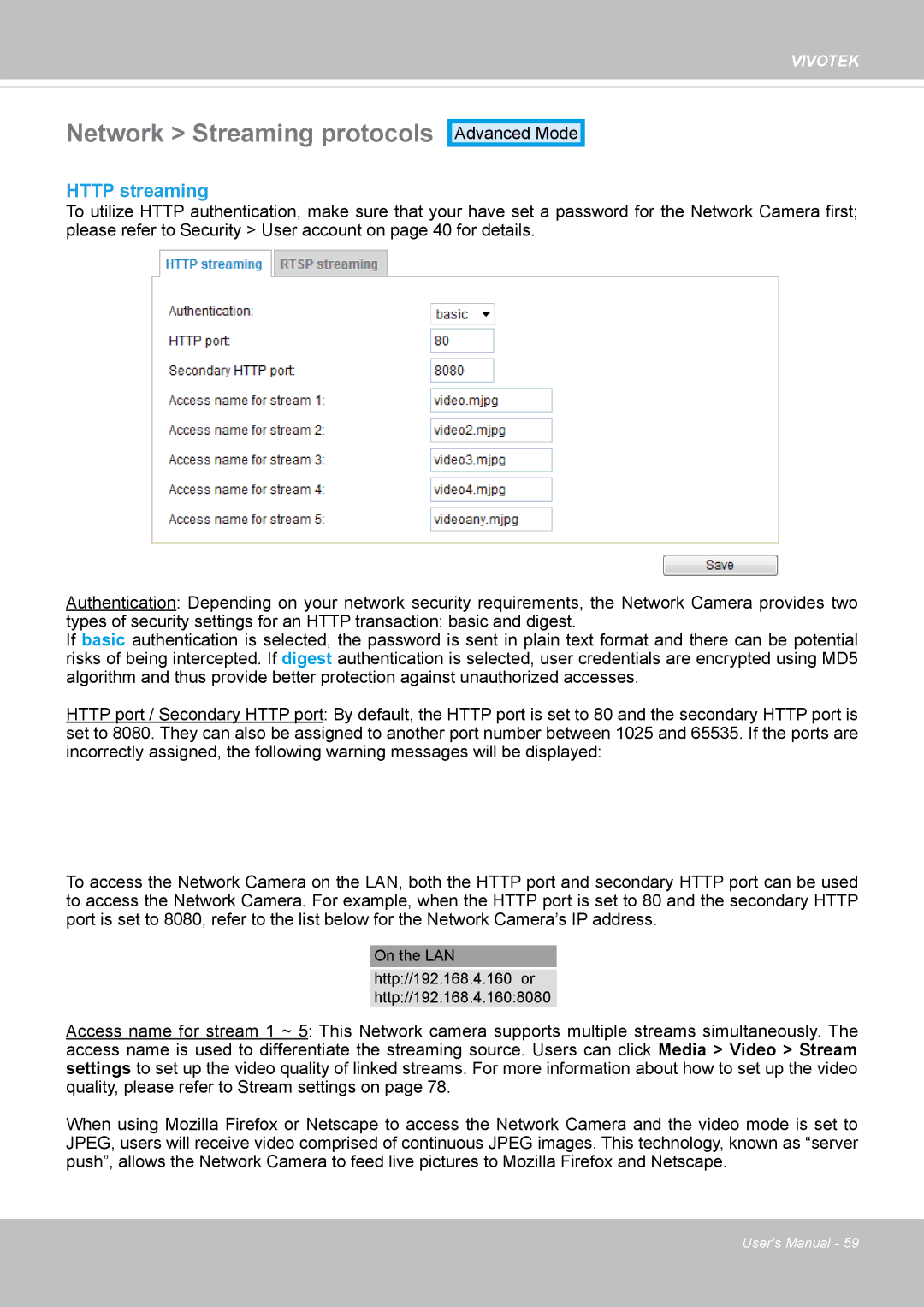 Vivotek FD8162 manual Network Streaming protocols, Http streaming 