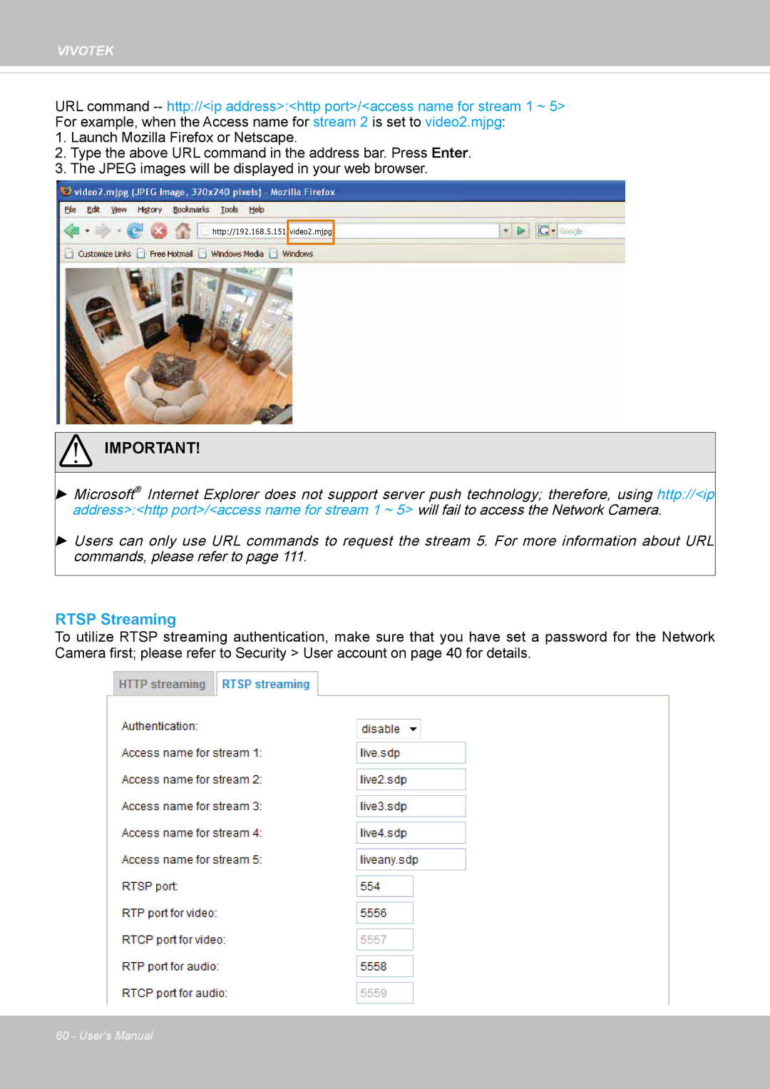 Vivotek FD8162 manual Rtsp Streaming, Launch Mozilla Firefox or Netscape 