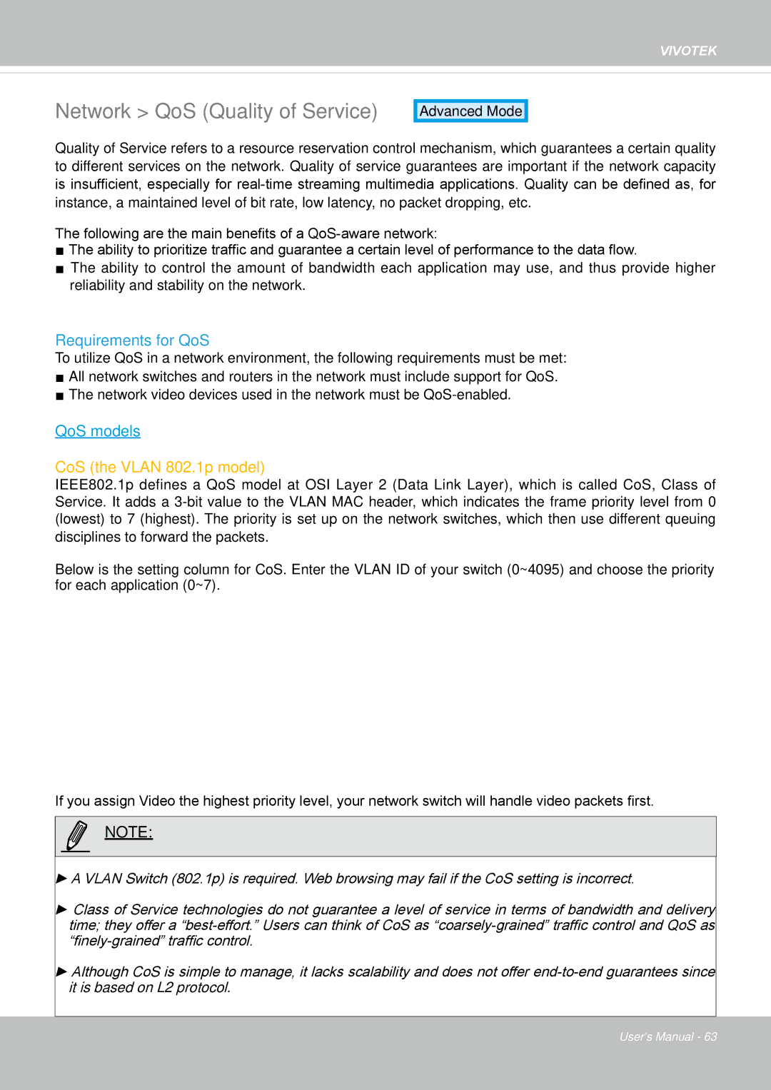 Vivotek FD8162 manual Network QoS Quality of Service, Requirements for QoS 