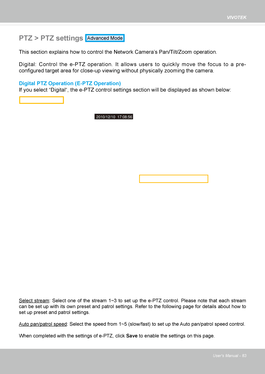 Vivotek FD8162 manual PTZ PTZ settings, Digital PTZ Operation E-PTZ Operation 