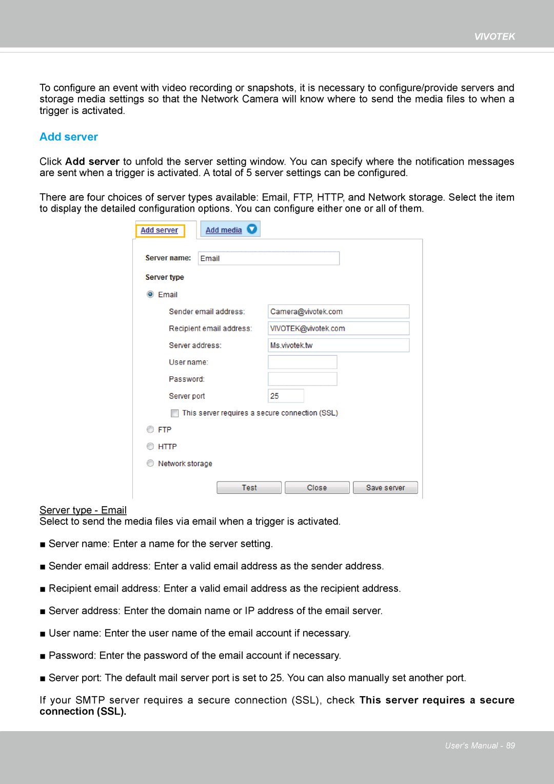 Vivotek FD8162 manual Add server 