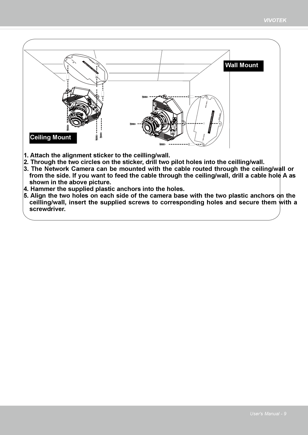 Vivotek FD8162 manual Wall Mount Ceiling Mount 