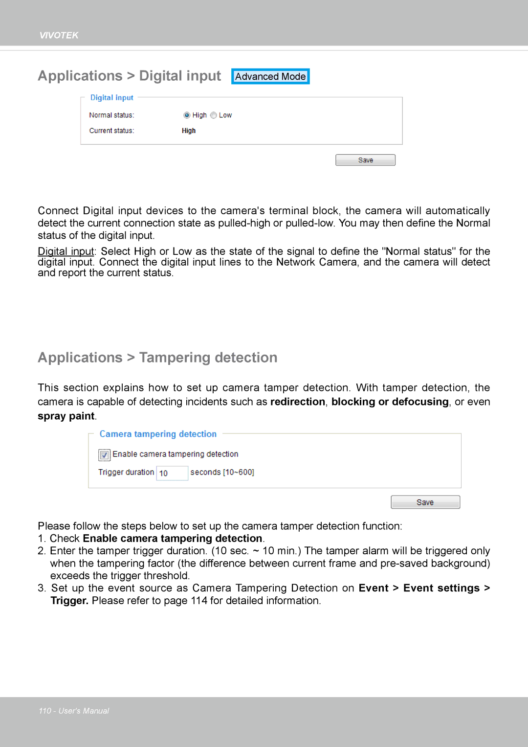 Vivotek FD8164 user manual Applications Digital input, Applications Tampering detection 