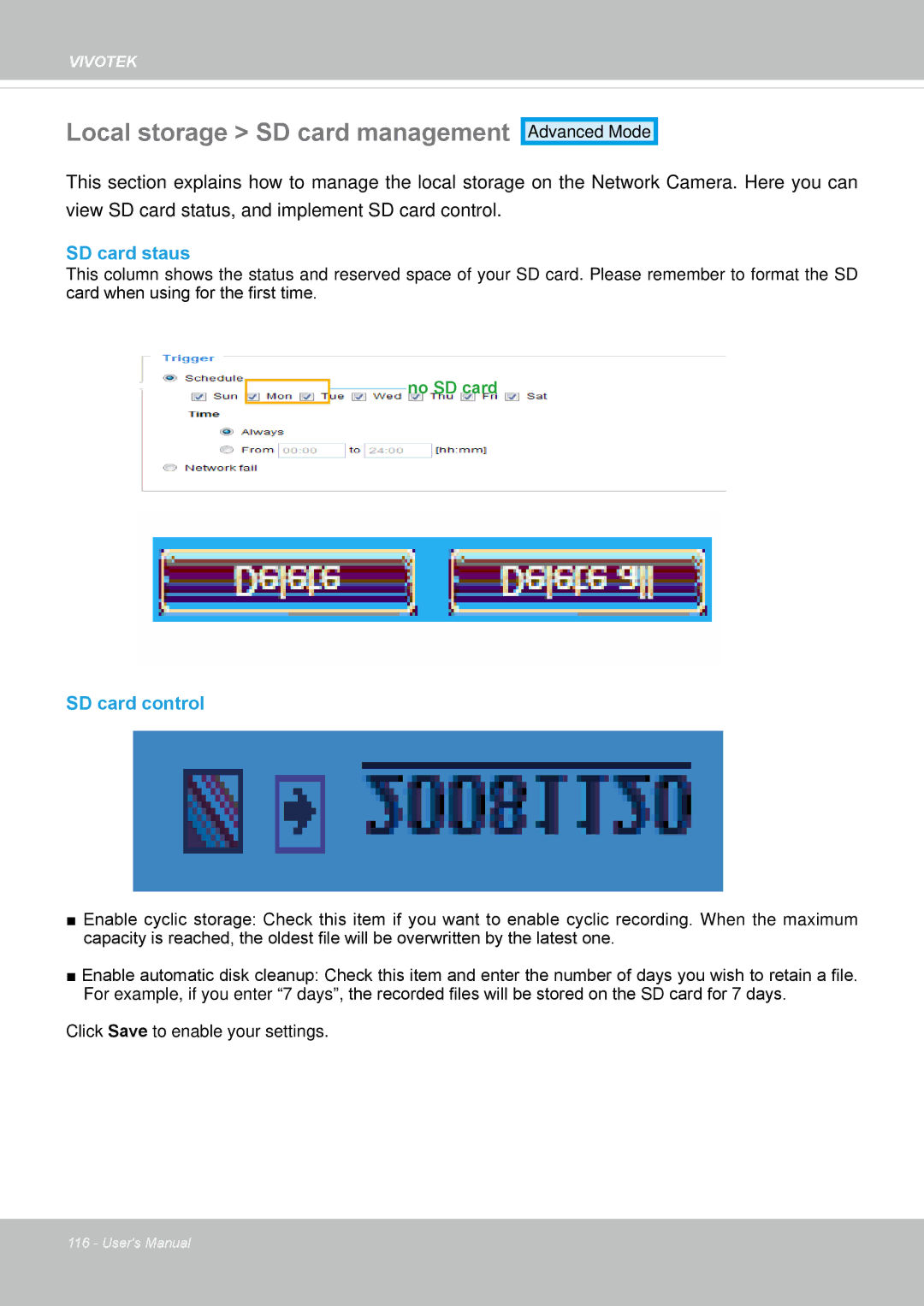 Vivotek FD8164 user manual Local storage SD card management, SD card staus, SD card control 