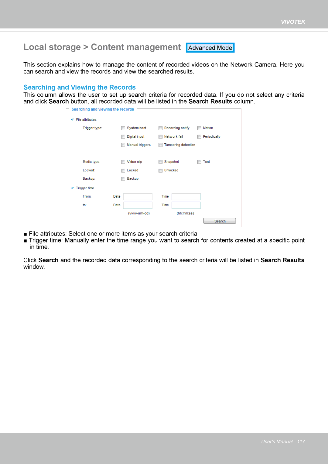 Vivotek FD8164 user manual Local storage Content management, Searching and Viewing the Records 