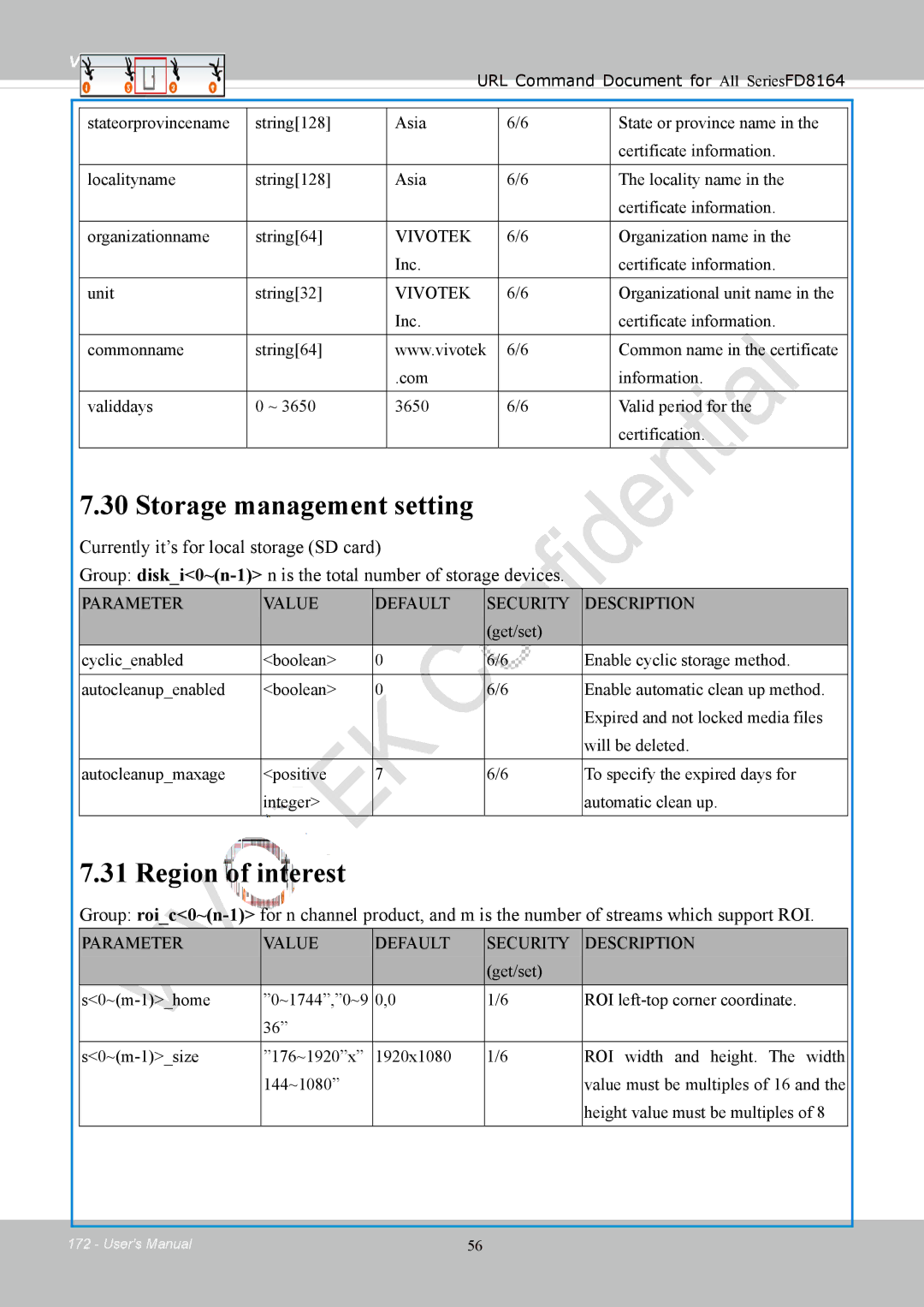 Vivotek FD8164 user manual Storage management setting, Region of interest 