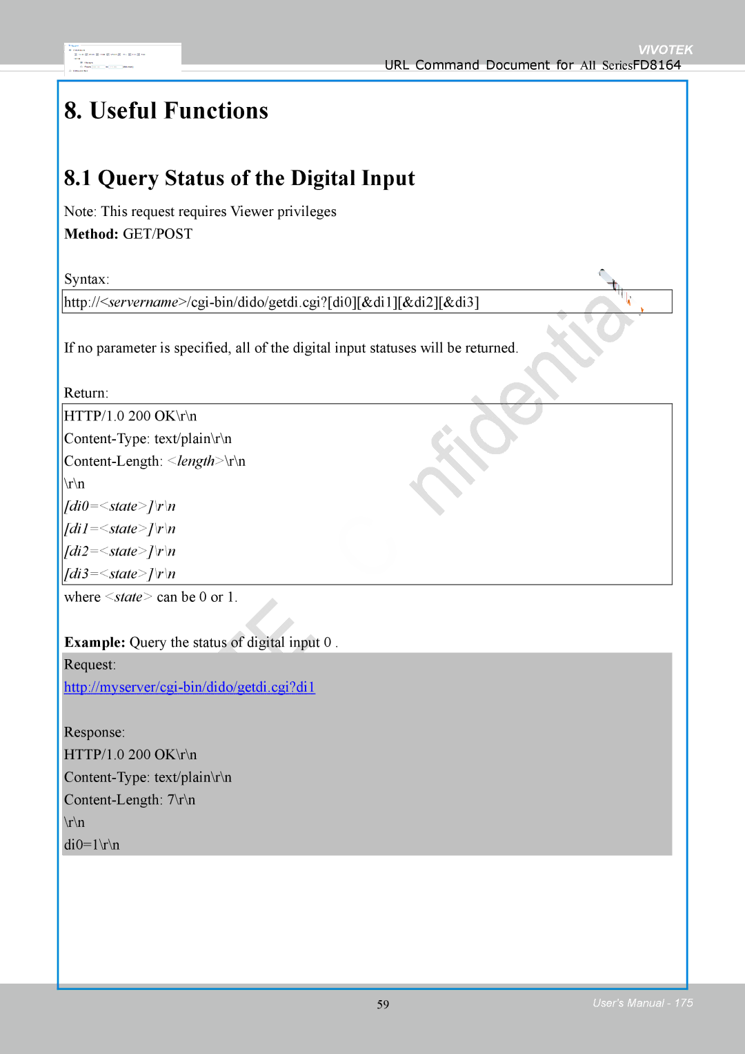 Vivotek FD8164 user manual Useful Functions, Query Status of the Digital Input 