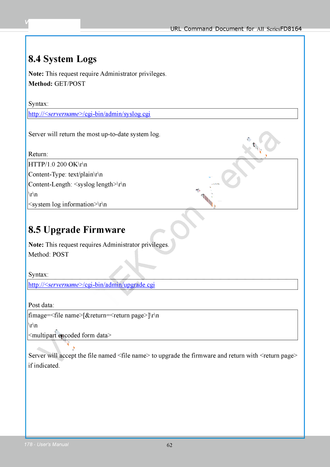 Vivotek FD8164 user manual System Logs, Upgrade Firmware, Method Post Syntax 