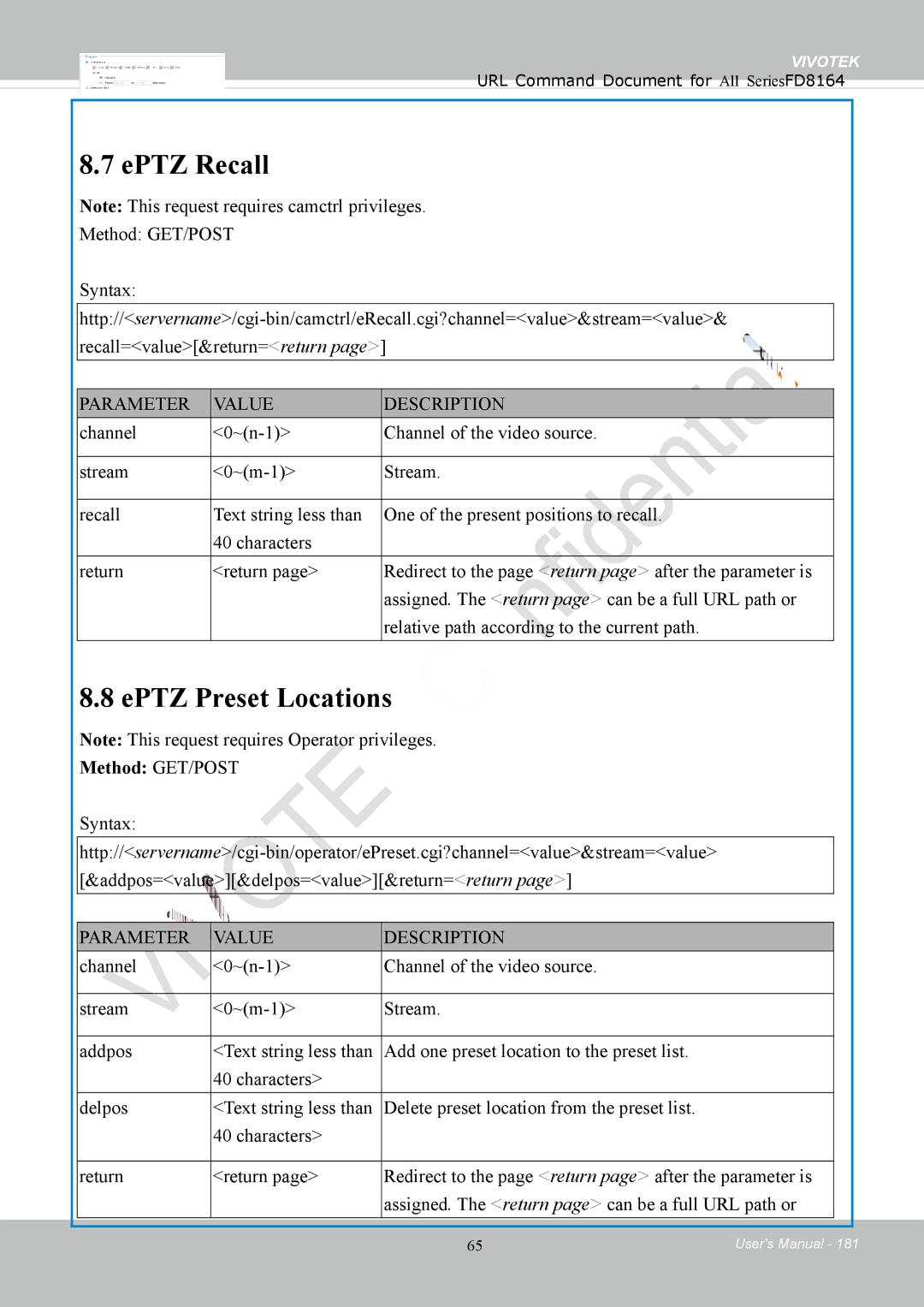 Vivotek FD8164 user manual EPTZ Recall, EPTZ Preset Locations 