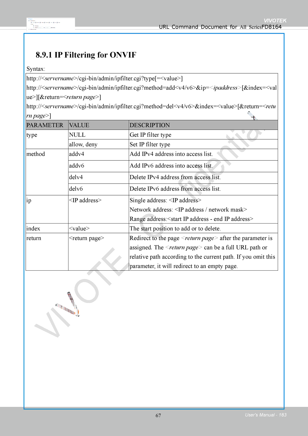 Vivotek FD8164 user manual IP Filtering for Onvif 