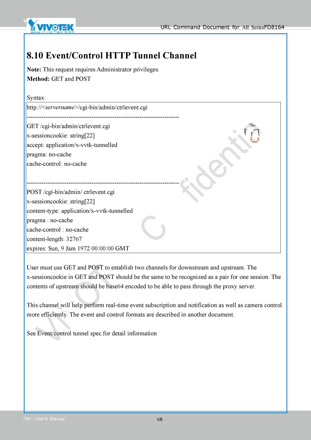 Vivotek FD8164 user manual Event/Control Http Tunnel Channel 