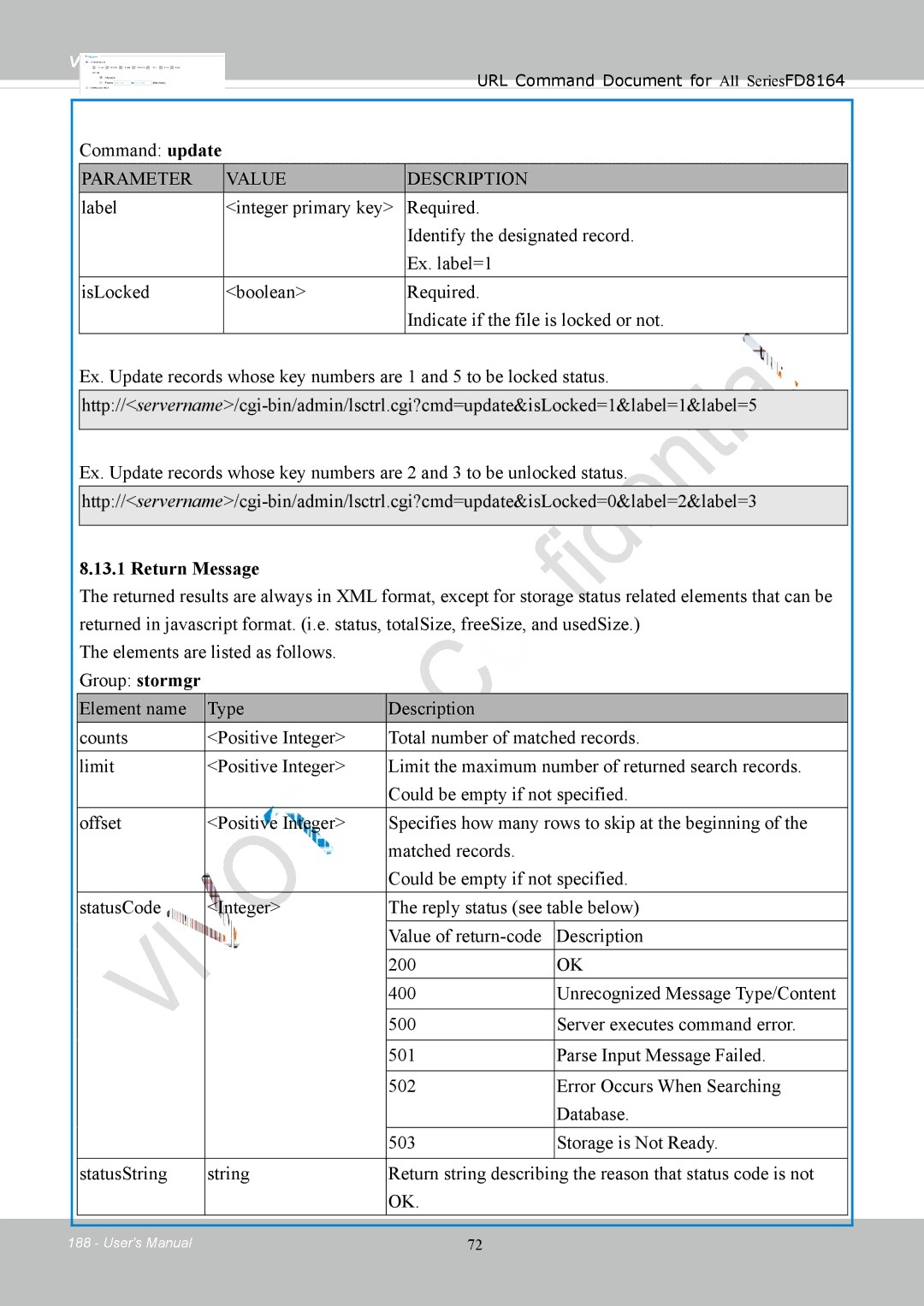 Vivotek FD8164 user manual Command update, Return Message 