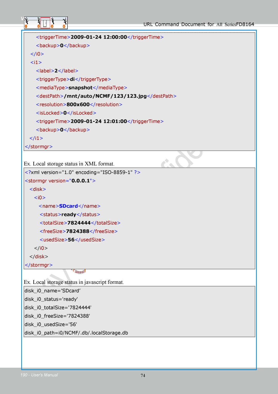 Vivotek FD8164 user manual Ex. Local storage status in XML format, Ex. Local storage status in javascript format 