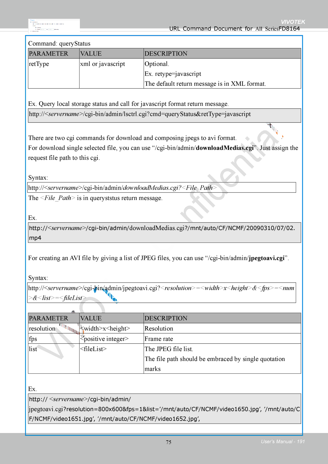 Vivotek FD8164 user manual Command queryStatus, FilePath is in queryststus return message 