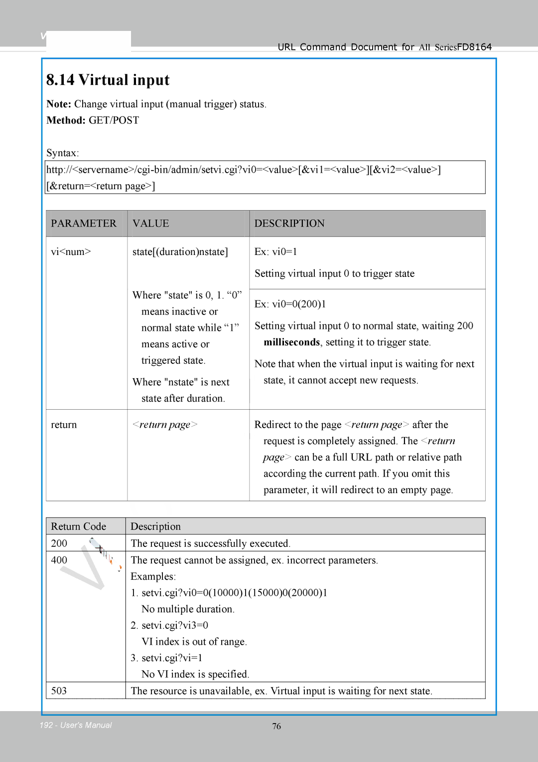 Vivotek FD8164 user manual Virtual input, Return 