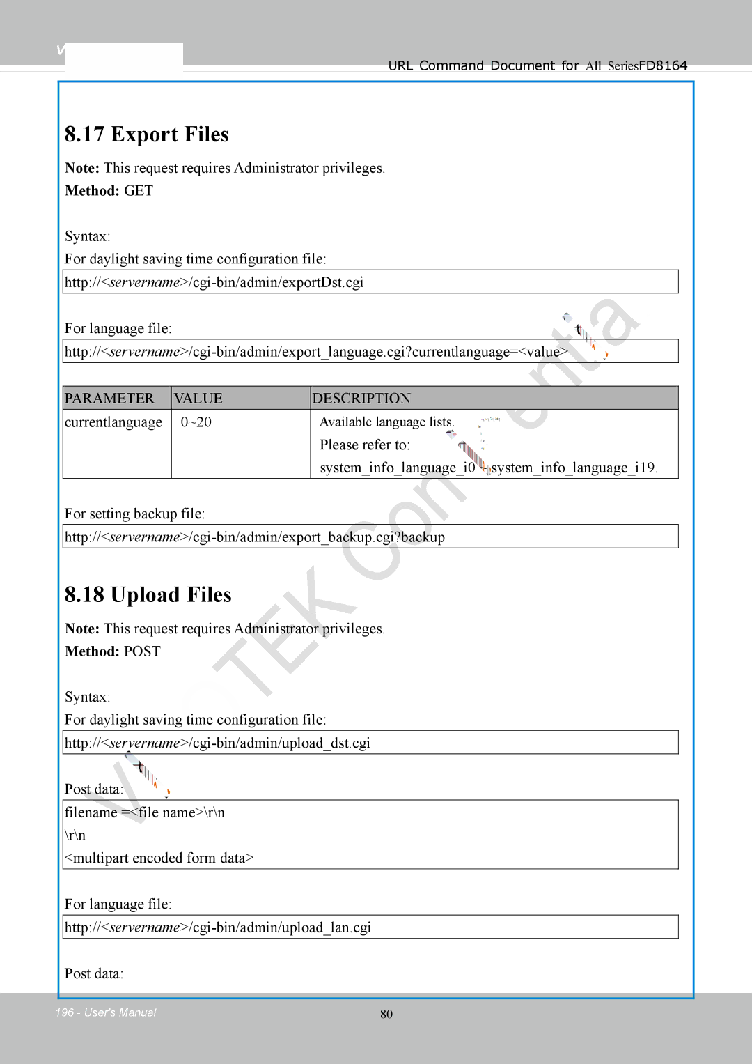 Vivotek FD8164 user manual Export Files, Upload Files, Currentlanguage ~20, Method Post 