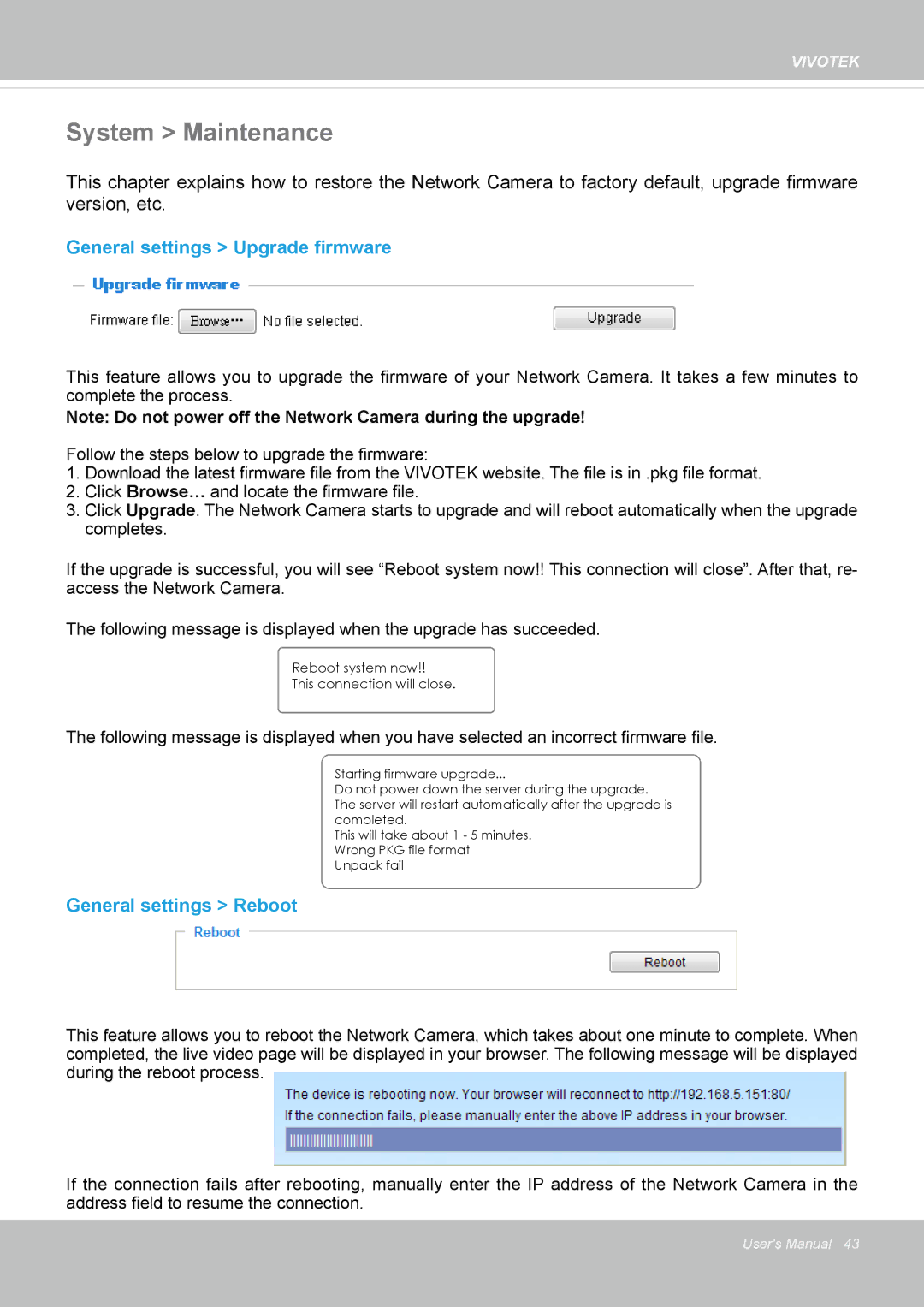 Vivotek FD8164 user manual System Maintenance, General settings Upgrade firmware, General settings Reboot 