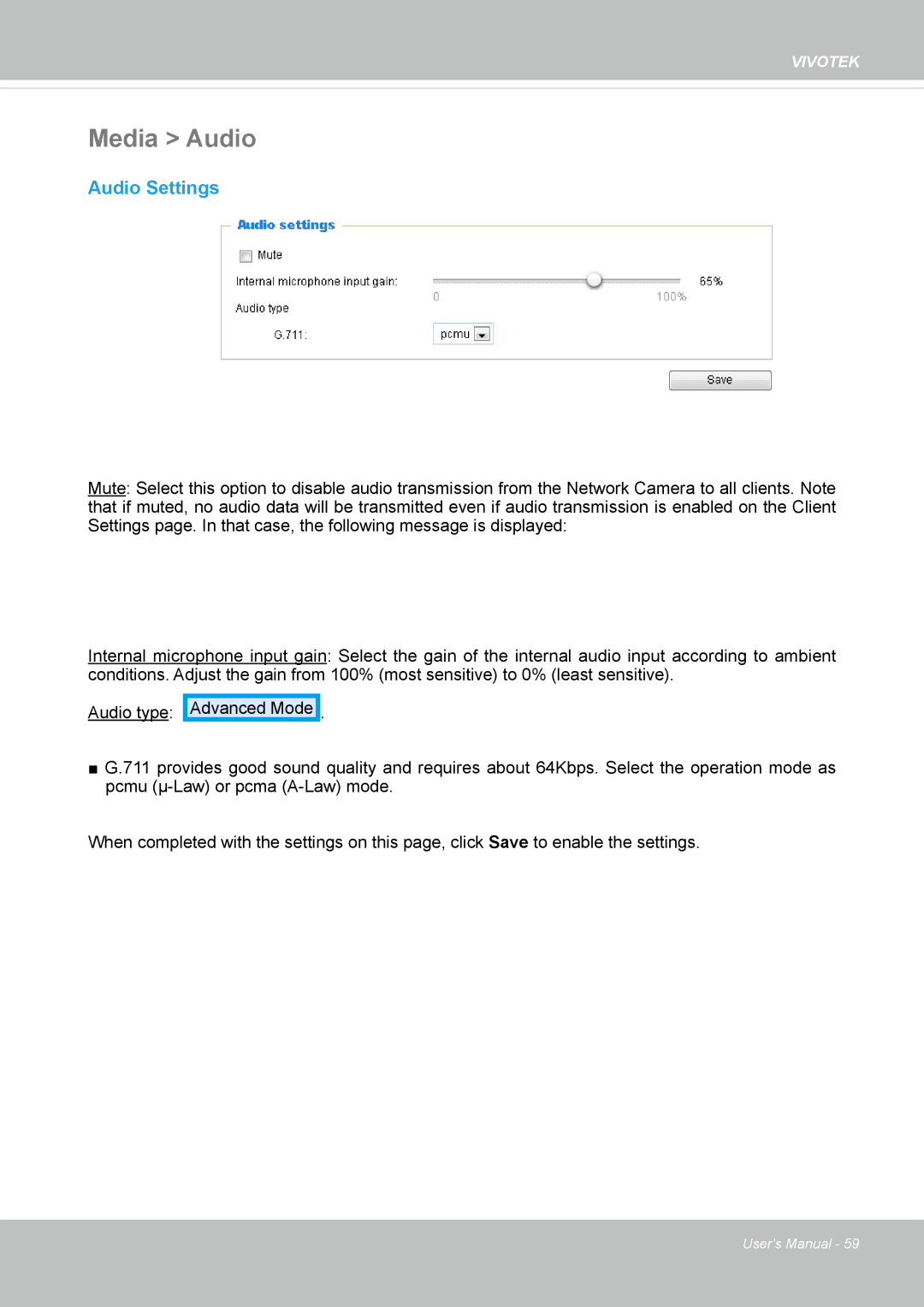 Vivotek FD8164 user manual Media Audio, Audio Settings 