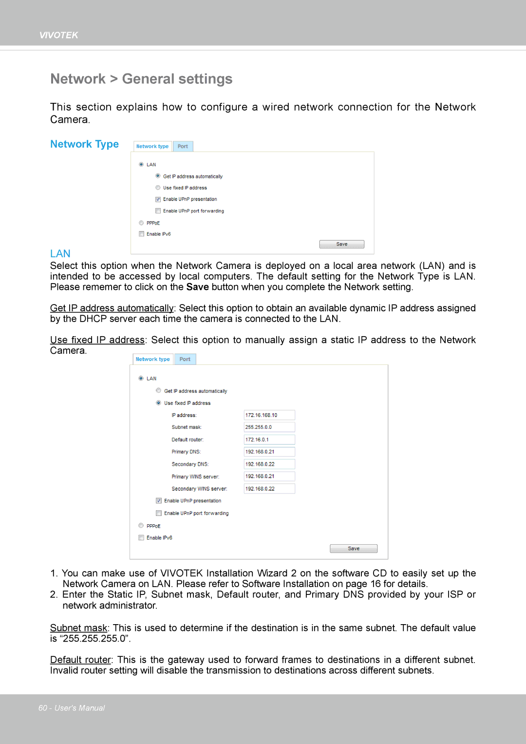 Vivotek FD8164 user manual Network General settings, Network Type 