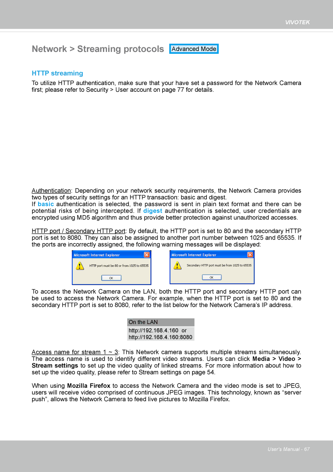 Vivotek FD8164 user manual Network Streaming protocols, Http streaming 