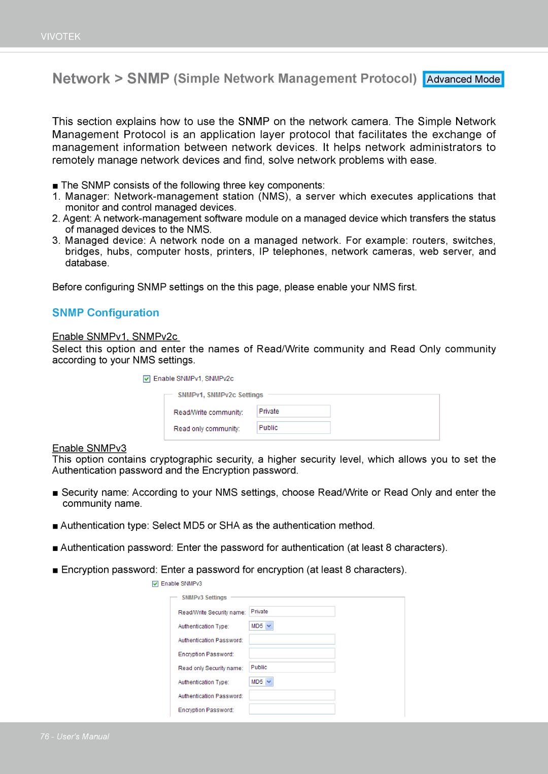 Vivotek FD8164 user manual Network Snmp Simple Network Management Protocol, Snmp Configuration 