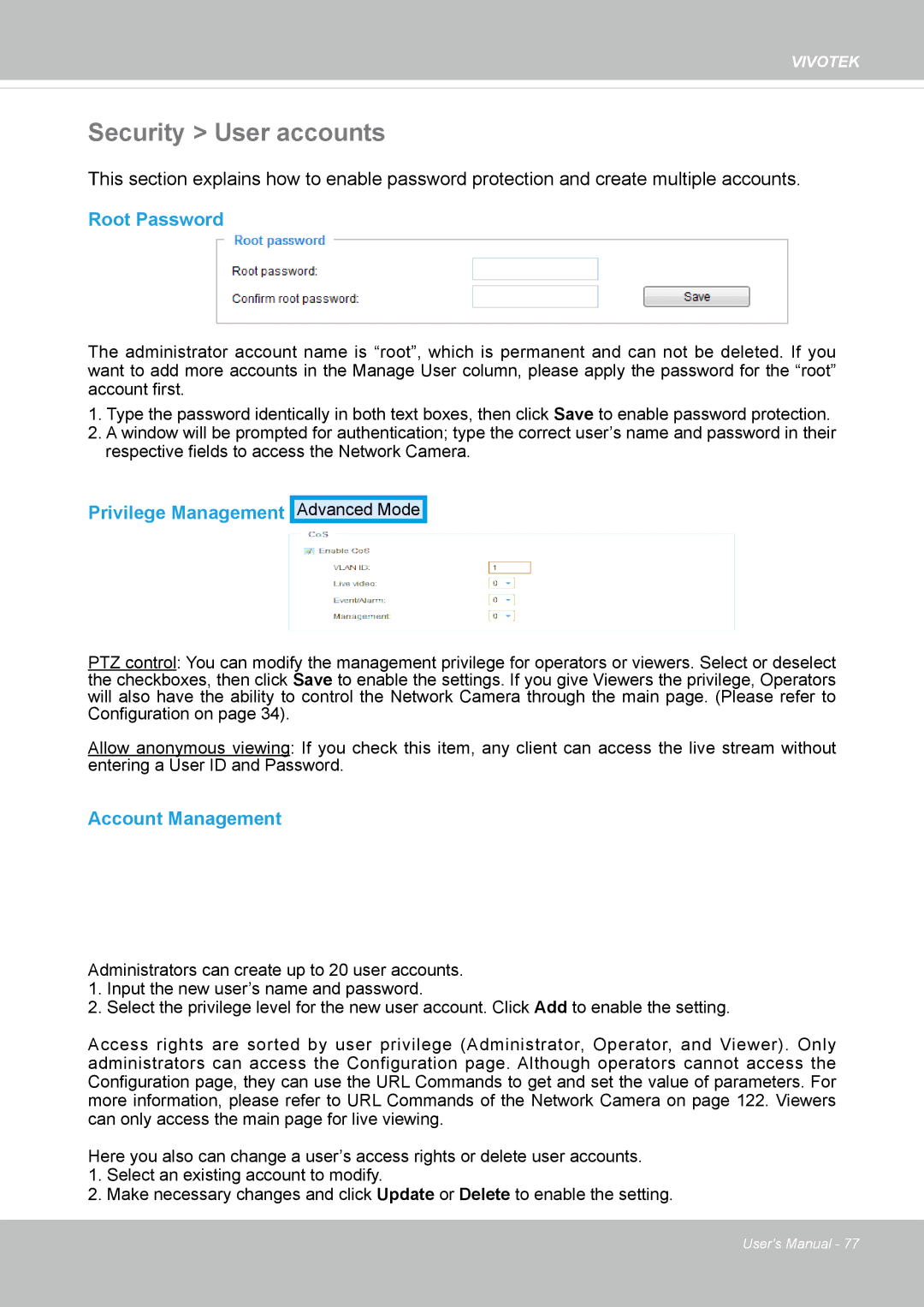 Vivotek FD8164 user manual Security User accounts, Root Password, Privilege Management, Account Management 