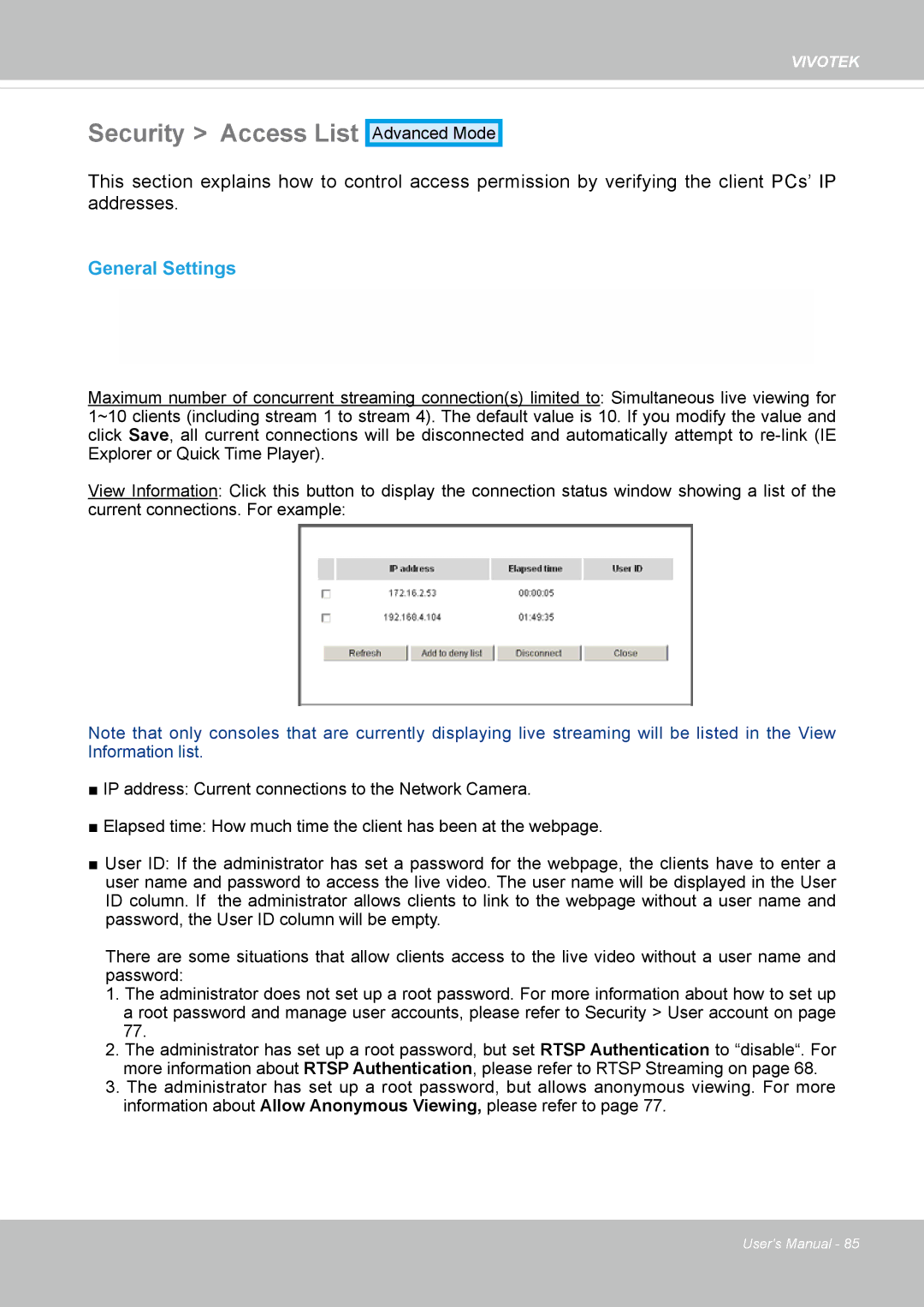 Vivotek FD8164 user manual Security Access List, General Settings 