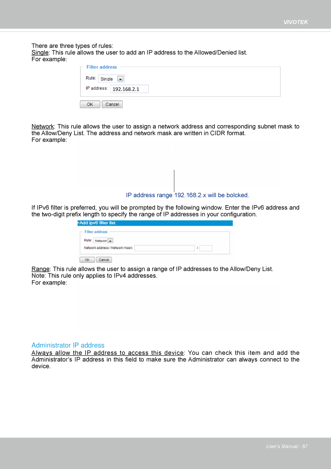 Vivotek FD8164 user manual Administrator IP address, IP address range 192.168.2.x will be bolcked 