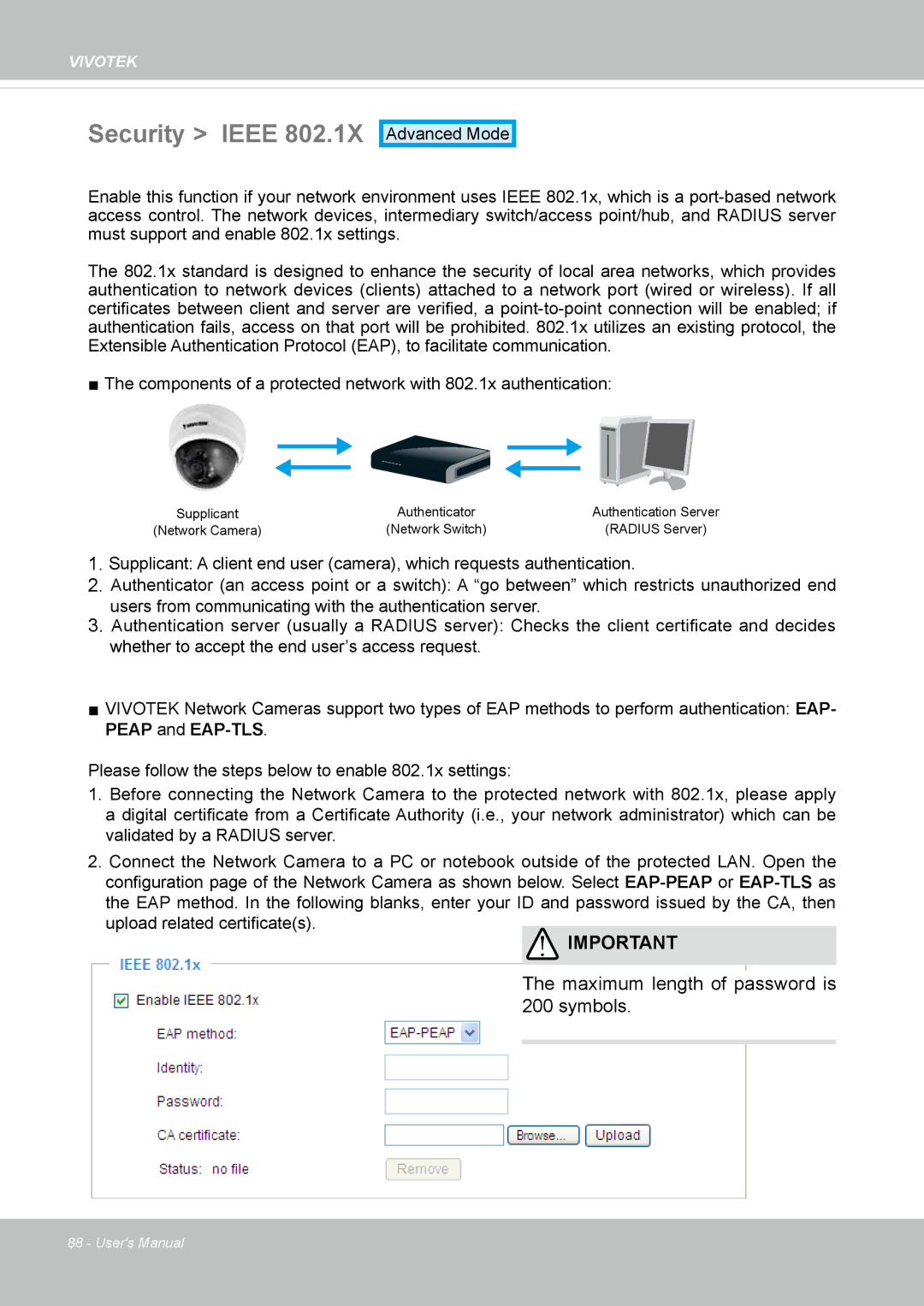 Vivotek FD8164 user manual Security Ieee, Maximum length of password is 200 symbols 