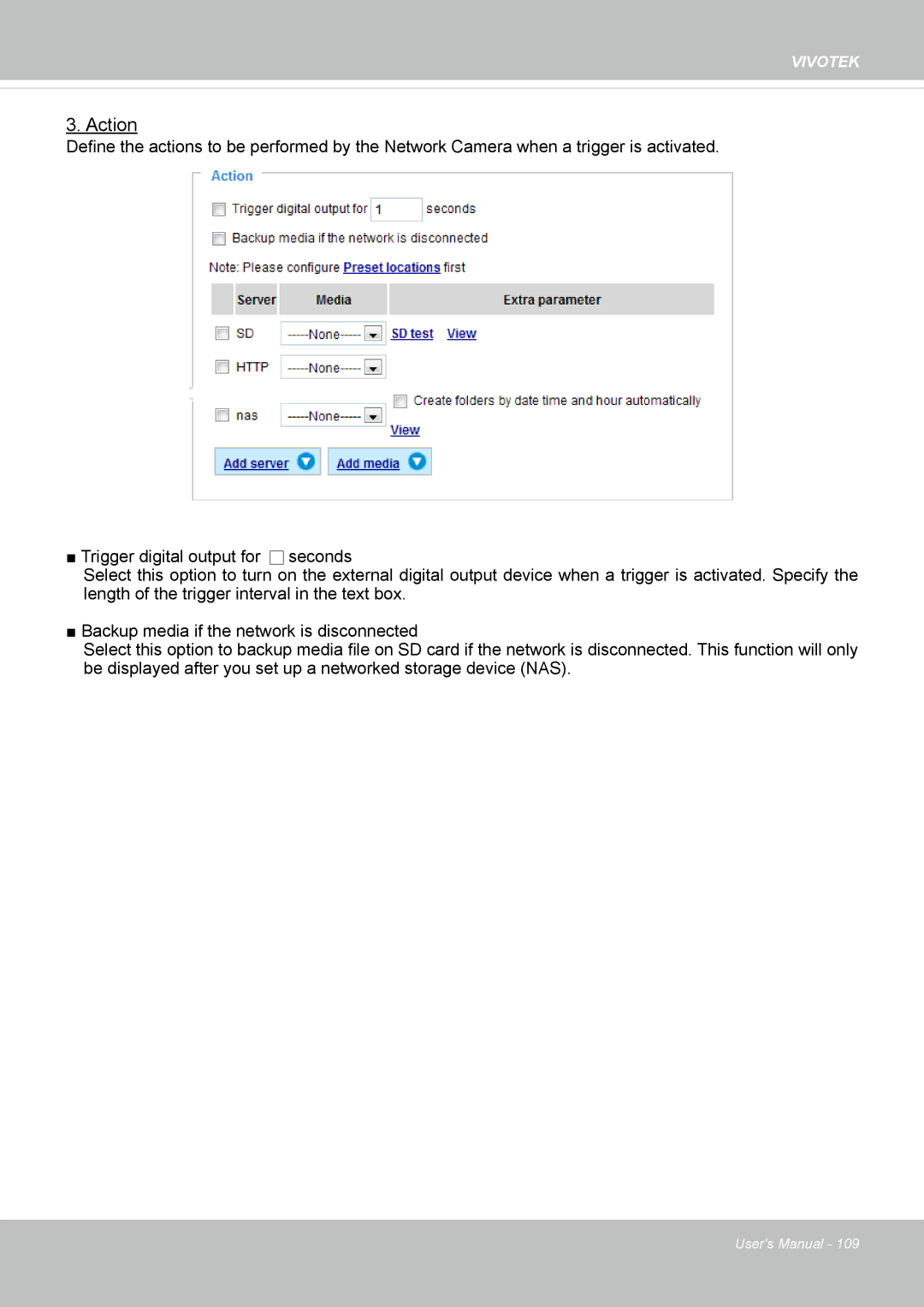 Vivotek FD8167-(T) user manual Action 