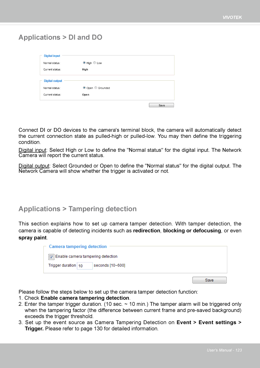 Vivotek FD8167-(T) user manual Applications DI and do, Applications Tampering detection 