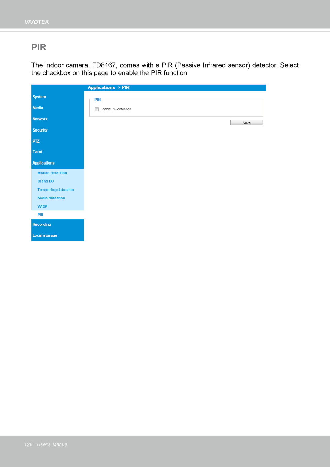 Vivotek FD8167-(T) user manual Pir 