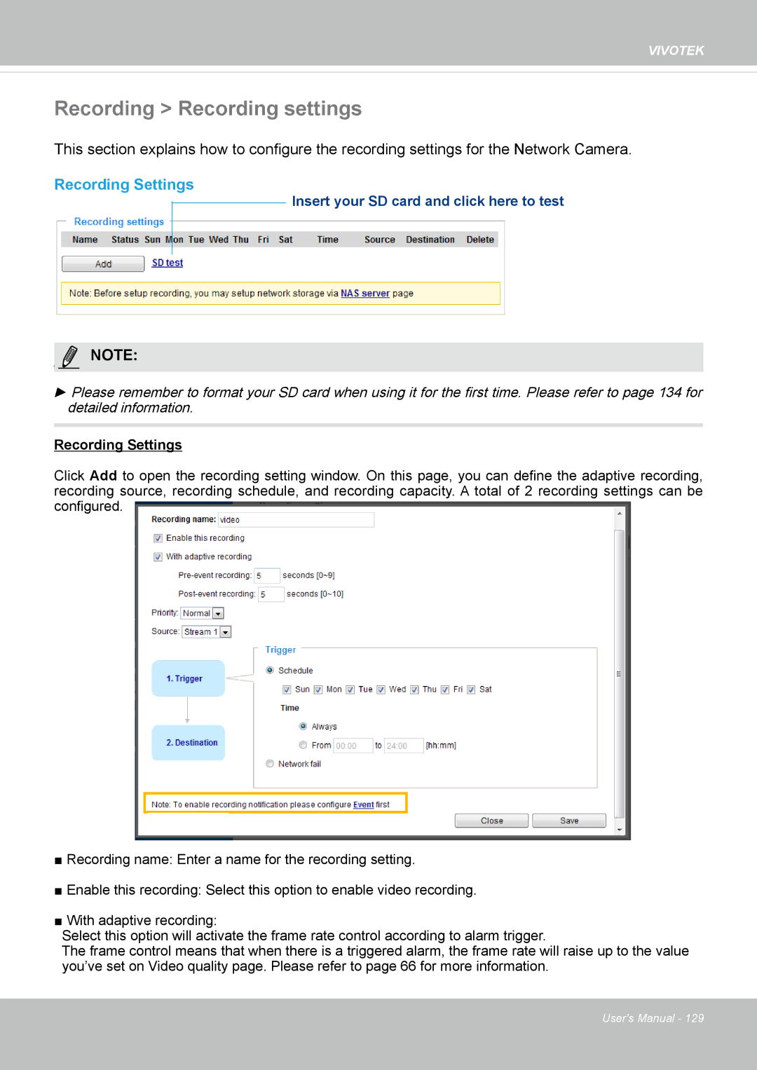 Vivotek FD8167-(T) user manual Recording Recording settings, Recording Settings 