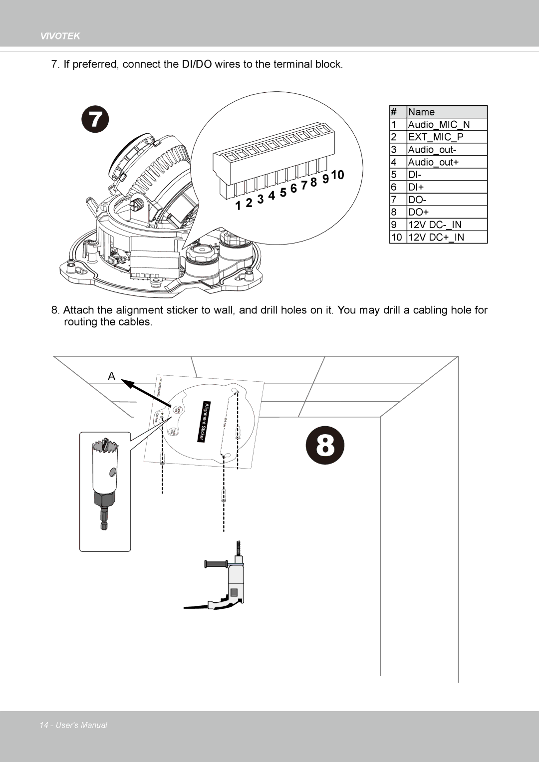 Vivotek FD8167-(T) user manual If preferred, connect the DI/DO wires to the terminal block 