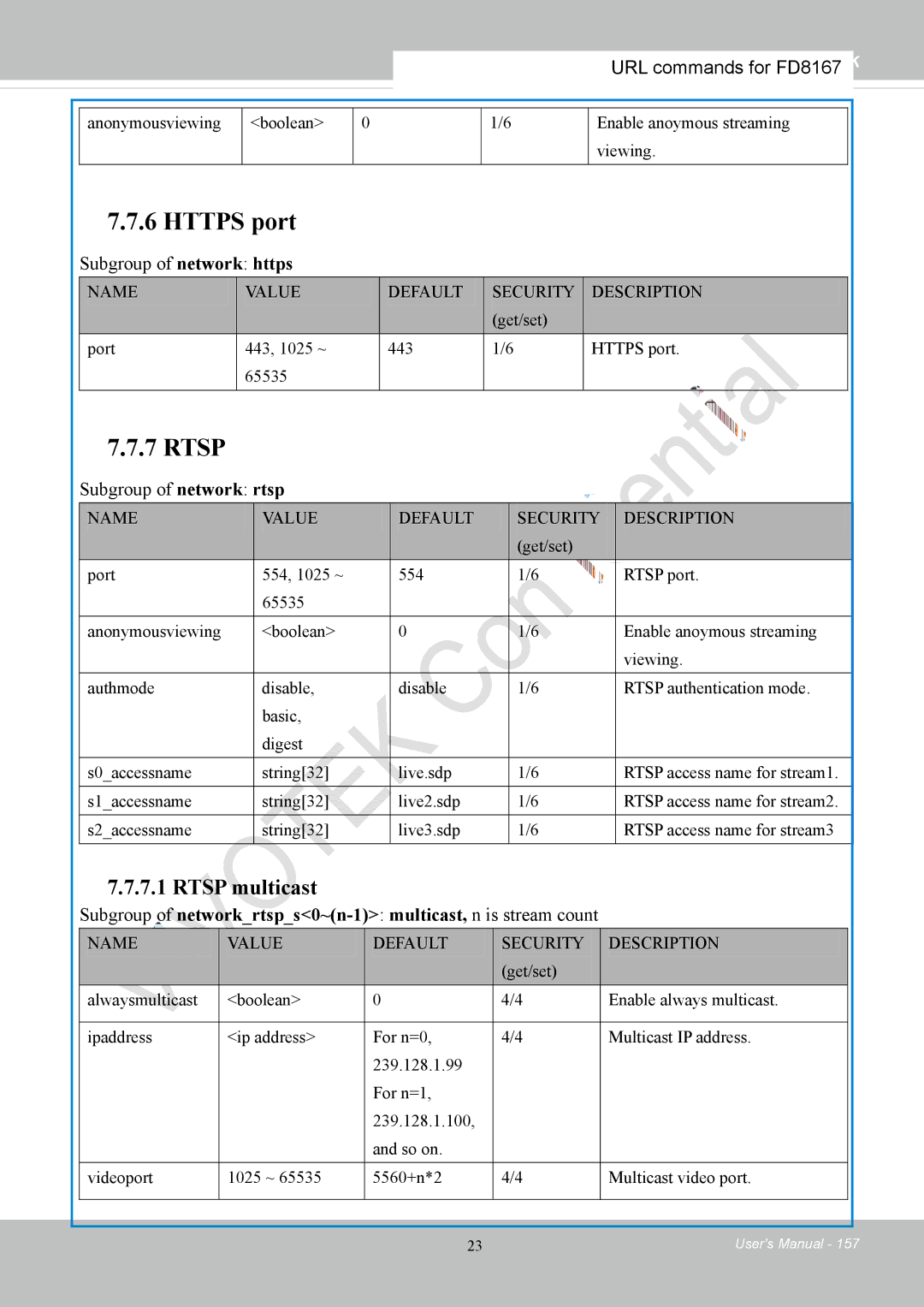 Vivotek FD8167-(T) user manual Subgroup of network https, Subgroup of network rtsp 