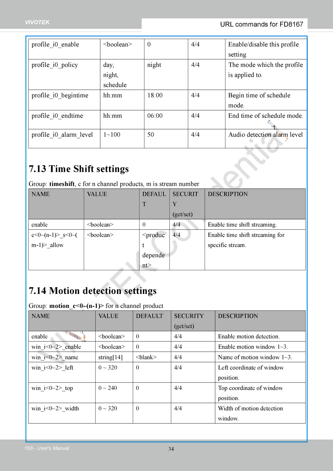 Vivotek FD8167-(T) user manual Time Shift settings, Motion detection settings, Produc, Depende 