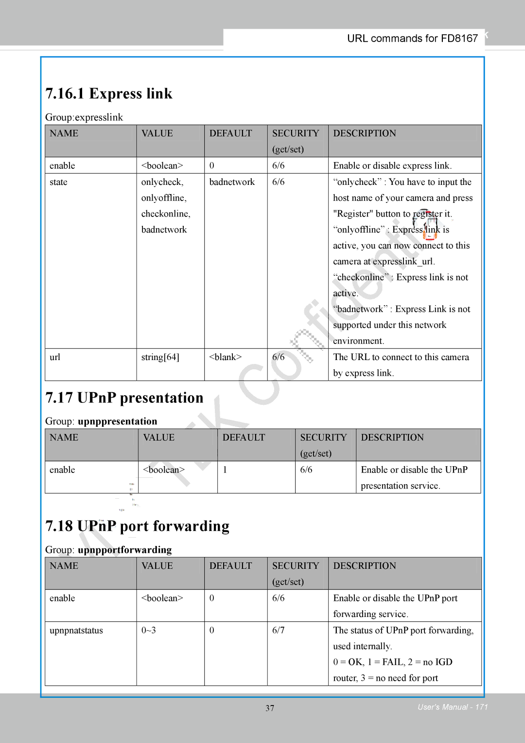 Vivotek FD8167-(T) Express link, UPnP presentation, UPnP port forwarding, Group upnppresentation, Group upnpportforwarding 