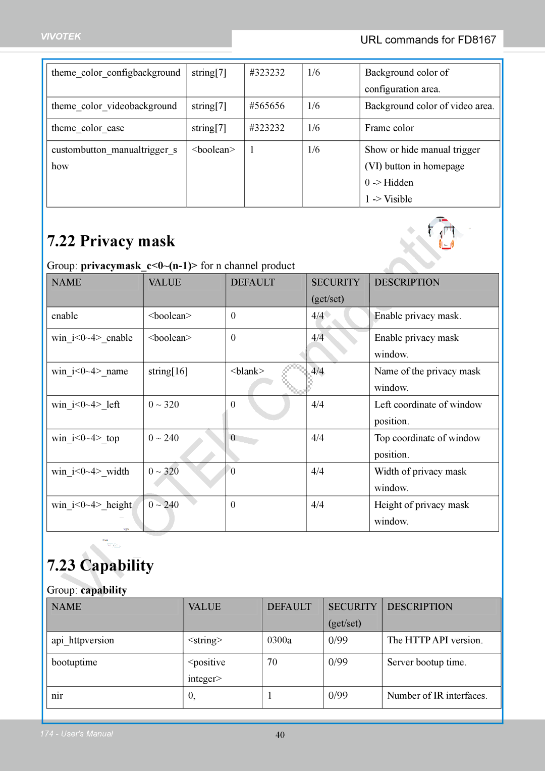 Vivotek FD8167-(T) user manual Privacy mask, Capability, Group privacymaskc0~n-1for n channel product, Group capability 