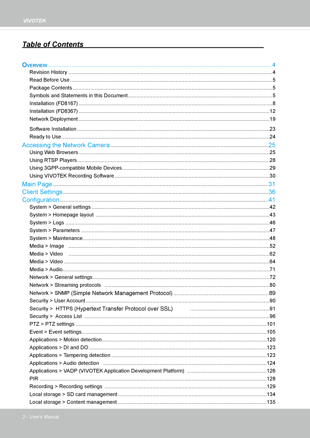 Vivotek FD8167-(T) user manual Table of Contents 