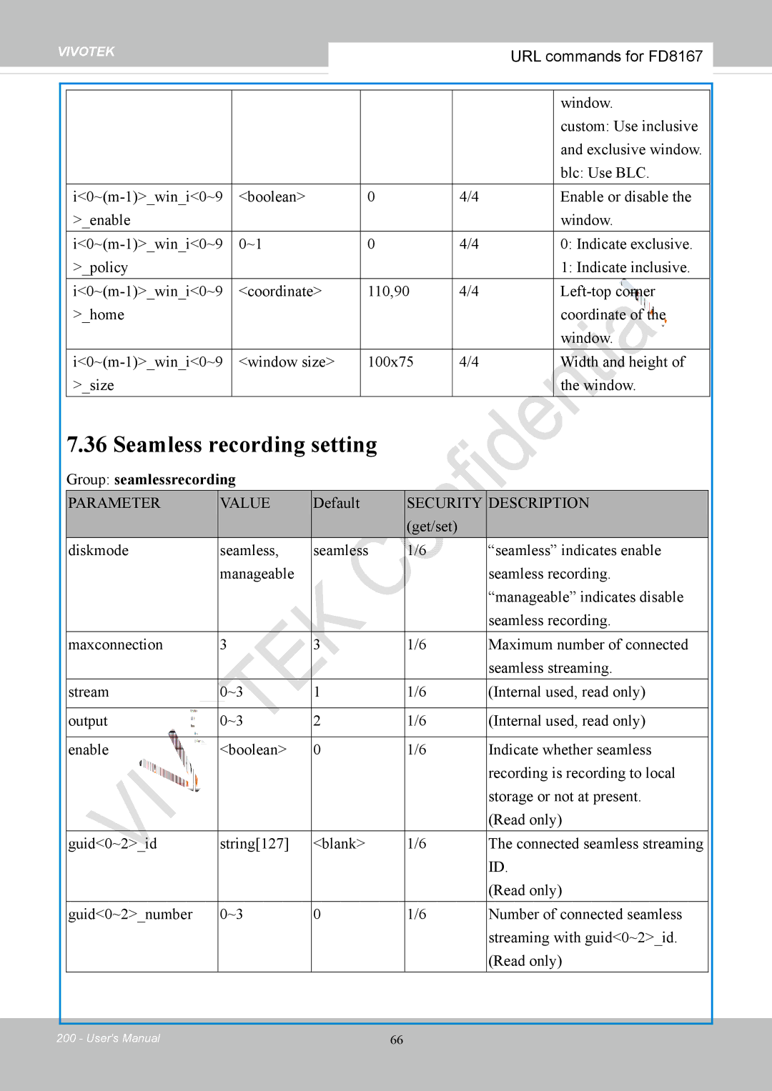 Vivotek FD8167-(T) user manual Seamless recording setting, Group seamlessrecording, Default 