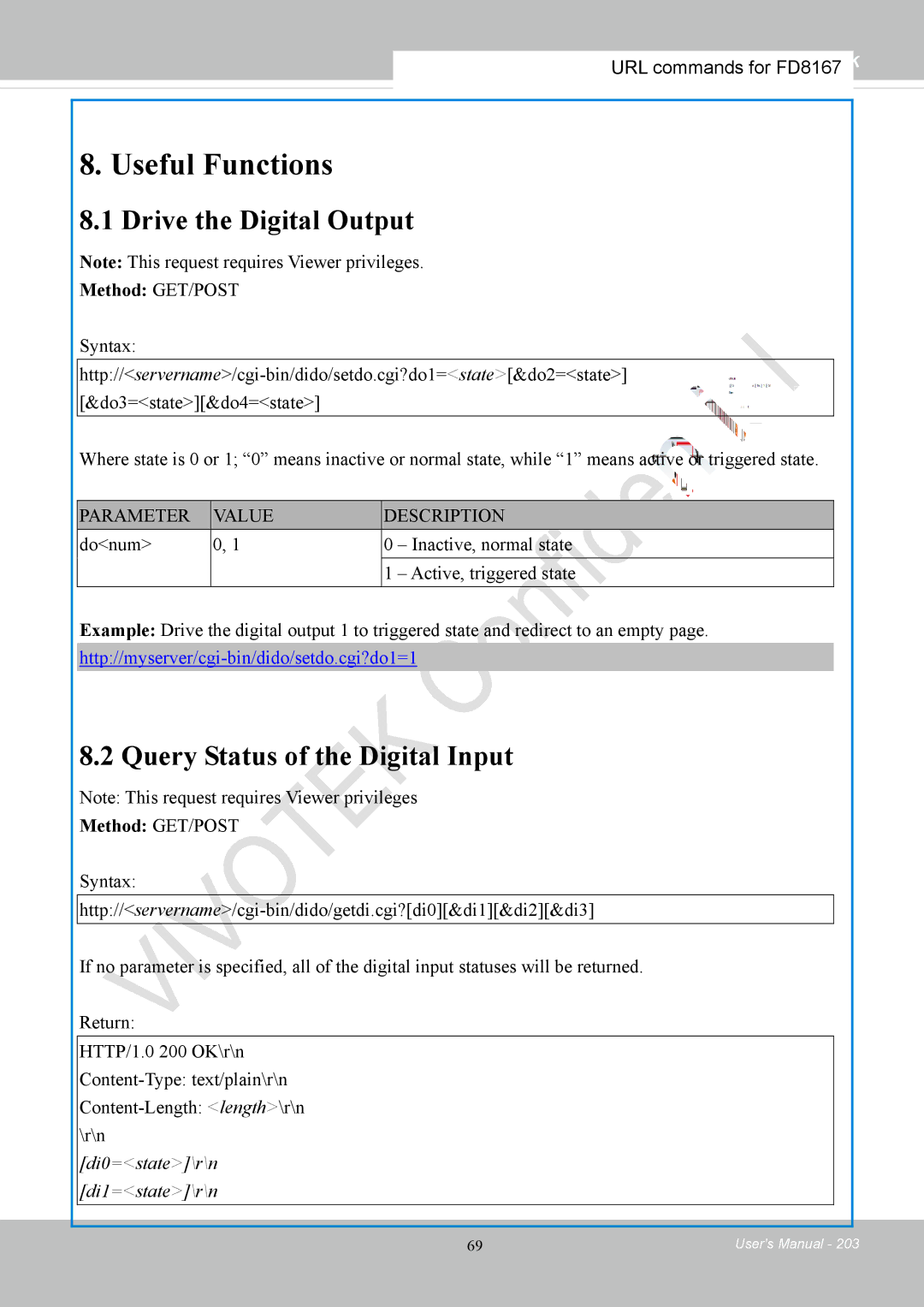 Vivotek FD8167-(T) user manual Drive the Digital Output, Query Status of the Digital Input 