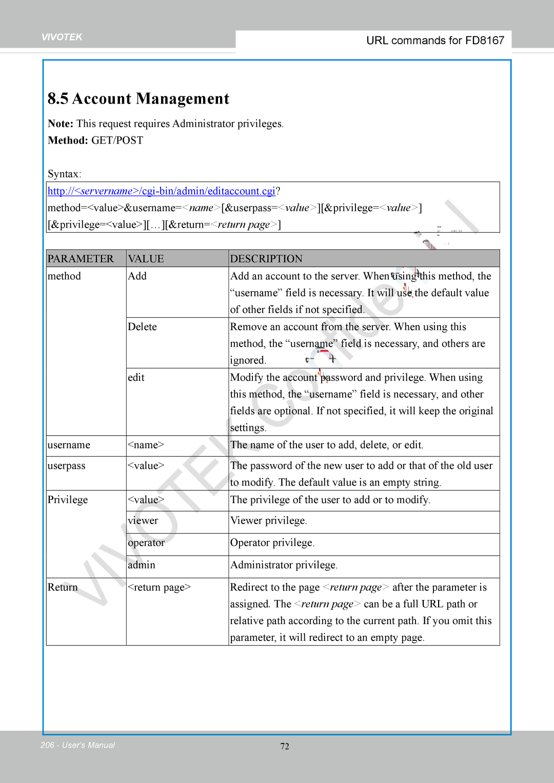 Vivotek FD8167-(T) user manual Account Management, Syntax 